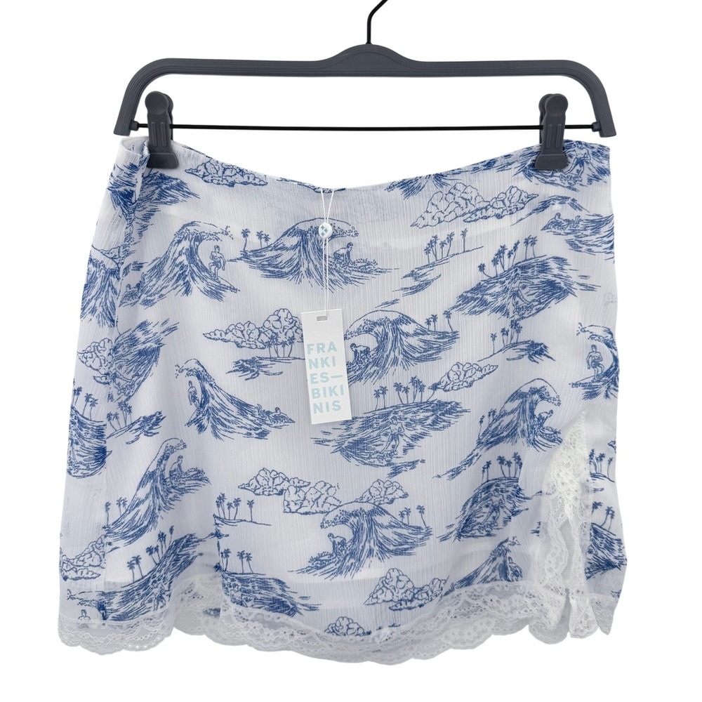 Frankies Bikinis Blue White Surfer Dude Toile Lace Trim Mini Skirt Large NEW
